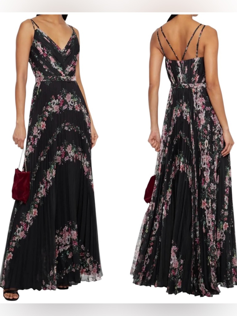 Marchesa Notte Black Floral V-Neck Pleated Chiffon Maxi Gown Dress NWT $1344